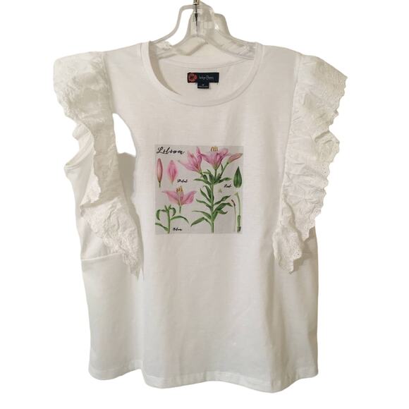 Indigo Poppy, Medium, White Blouse Pink Lillies And Cap Eyelet Sleeves - Picture 1 of 5